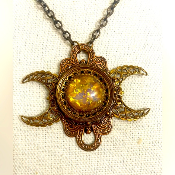 Vintage Goddess of the First Harvest Triple Moon Necklace with Golden Glass Opal - Picture 2 of 8